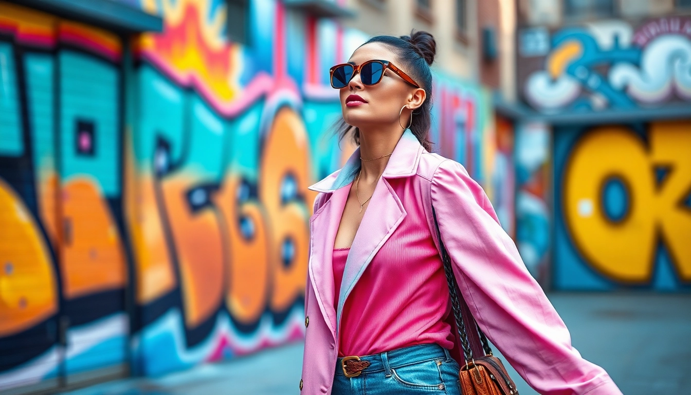 Fashion model confidently poses in a vibrant urban setting, showcasing contemporary style and accessories.
