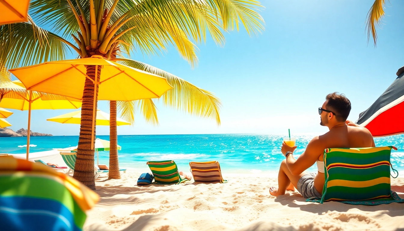 Embrace Cabo Travel & Tourism with a couple relaxing on a sunny beach, surrounded by vibrant colors.
