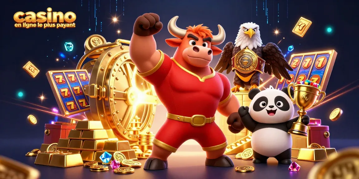 Illustration dynamique du casino en ligne le plus payant avec un taureau, un aigle et un panda, jeux de machines à sous.
