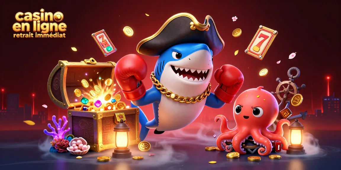 Illustration de casino en ligne retrait immédiat avec un requin pirate et des éléments de jeu éblouissants.
