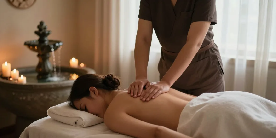 마사지 테라피를 받는 고객과 치료사의 편안한 모습, 아로마 오일과 촛불이 있는 스파 환경
