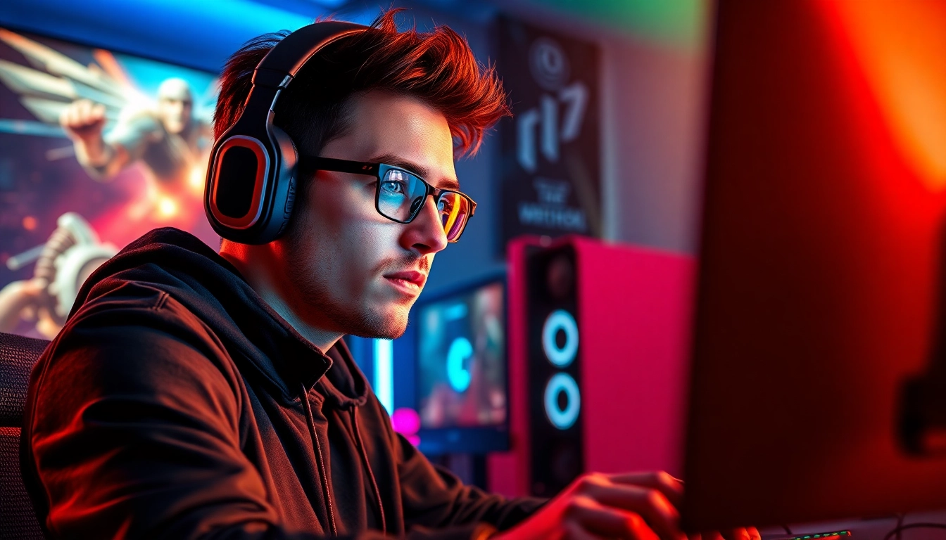 Engaging scene of a gamer at https://gamelevate.com with dynamic lighting, showcasing gaming excitement.