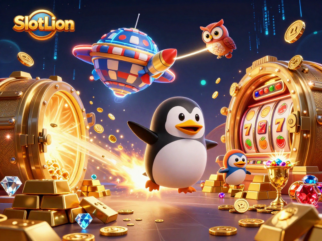 Play at SlotLion and soar with the vibrant 3D rocket-powered penguin in a thrilling casino adventure.