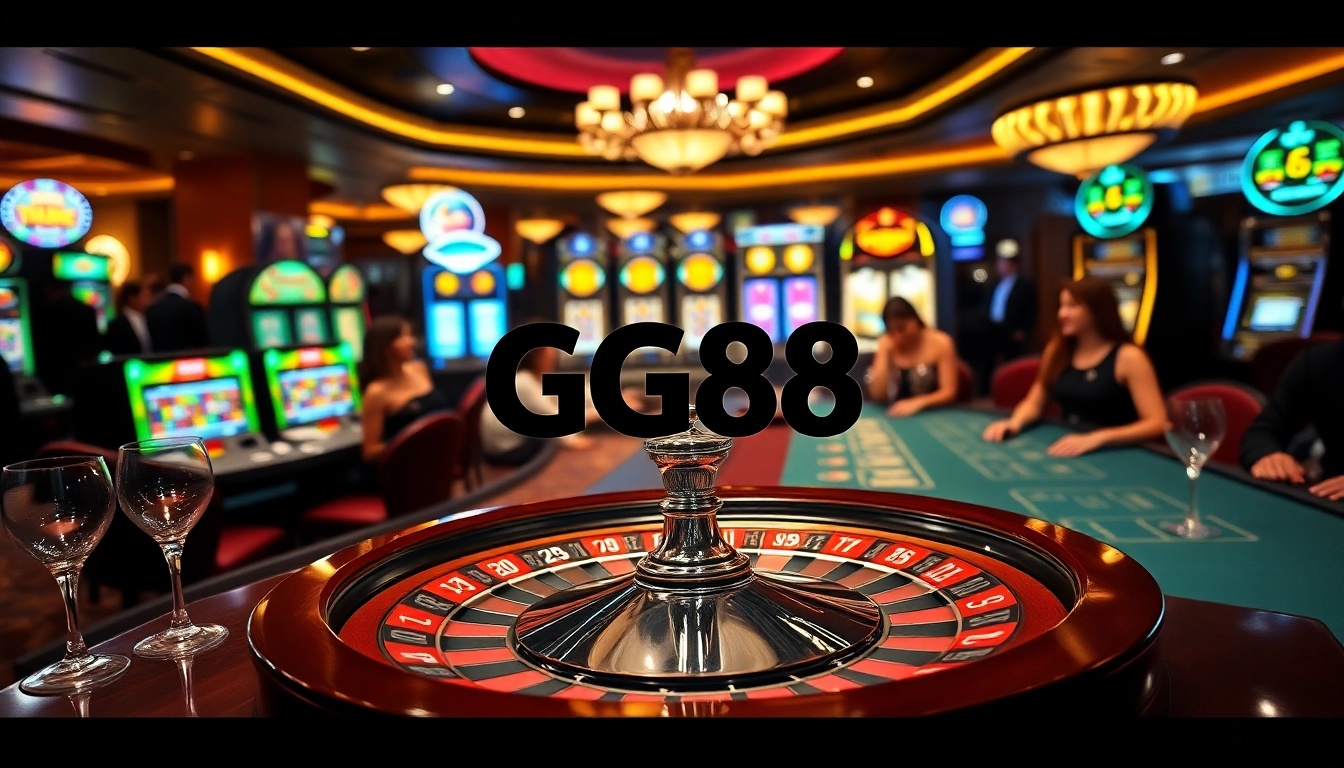 Experience the thrill of GG88 at a luxurious casino with roulette wheels and poker tables.