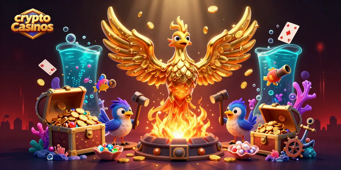 Illustration immersive des crypto casinos, présentant un phoenix doré et des éléments de jeu attrayants.