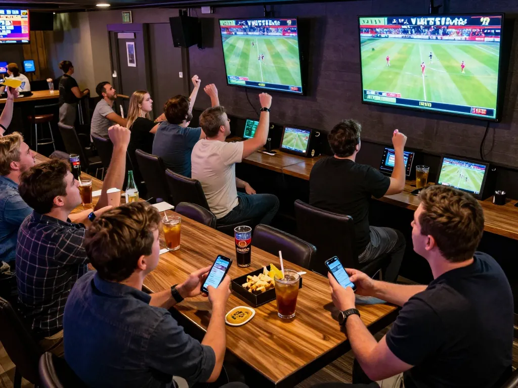 Engaging sports betting scene at https://soikeo.in.net/ with patrons placing bets and watching live games.