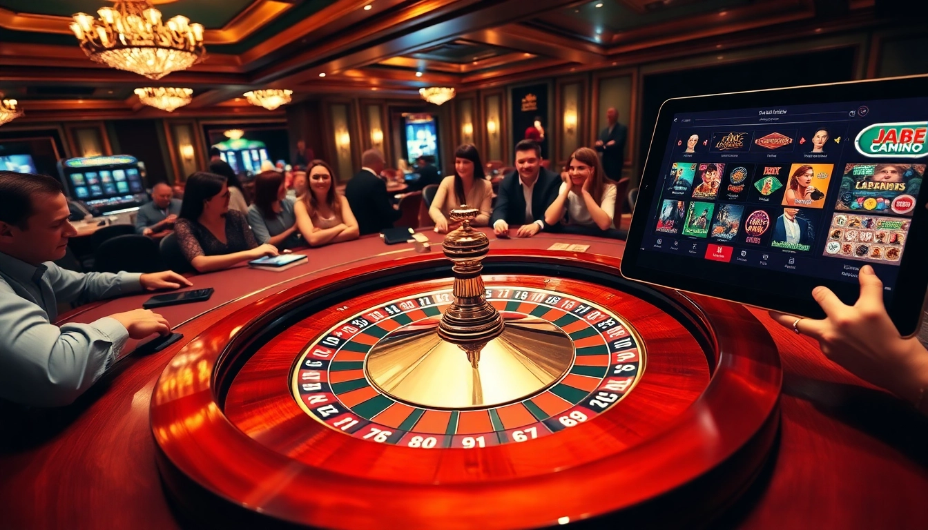 Des joueurs profitant d'un jeu passionnant dans un casino en ligne avec une roue de roulette et une interface en ligne.