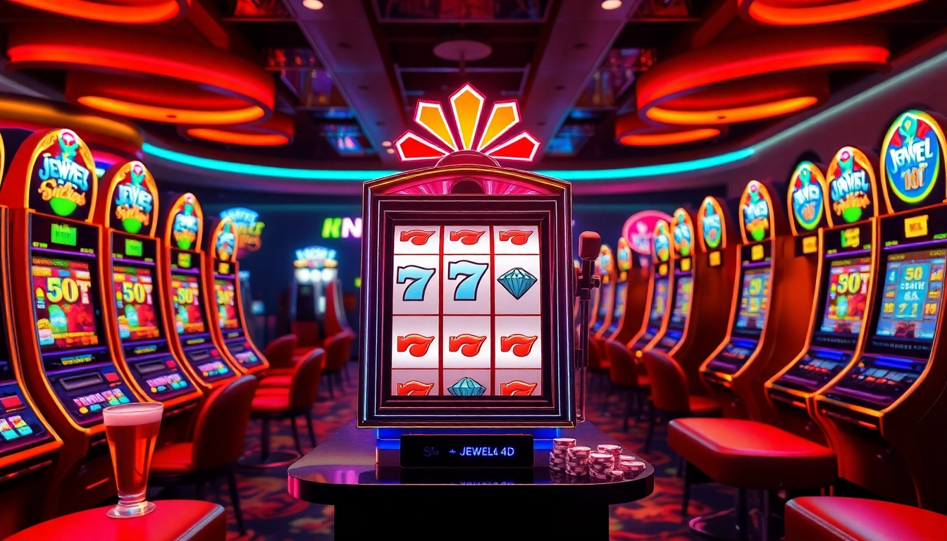 Permainan jewel4d slot dengan simbol mesin slot cerah yang menggembirakan dalam suasana kasino.