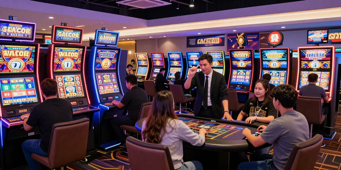 Exciting slot gacor gaming scene with players enjoying dynamic online casino experience, colorful slot machines, and interactive dealers.