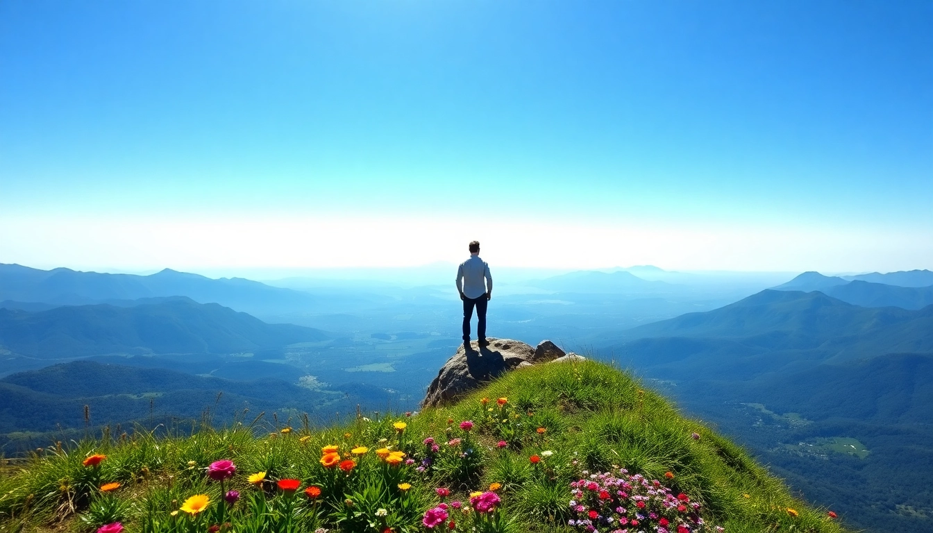 How to succeed in personal development, featuring a person on a mountain peak with a vibrant valley view.