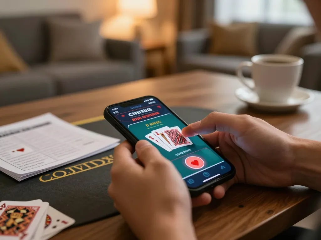 Player engaging in strategic online blackjack on 388bet mobile app in a cozy home environment.