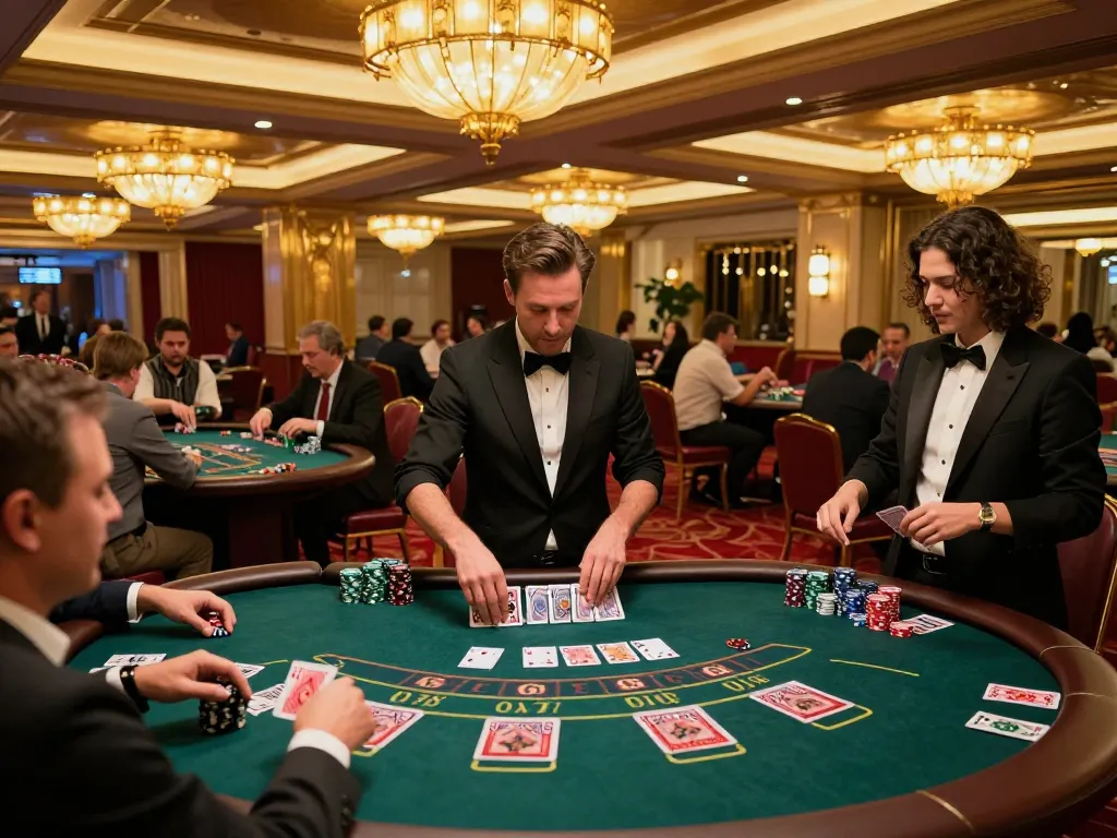MM88 casino scene with players at blackjack tables and dealer in action