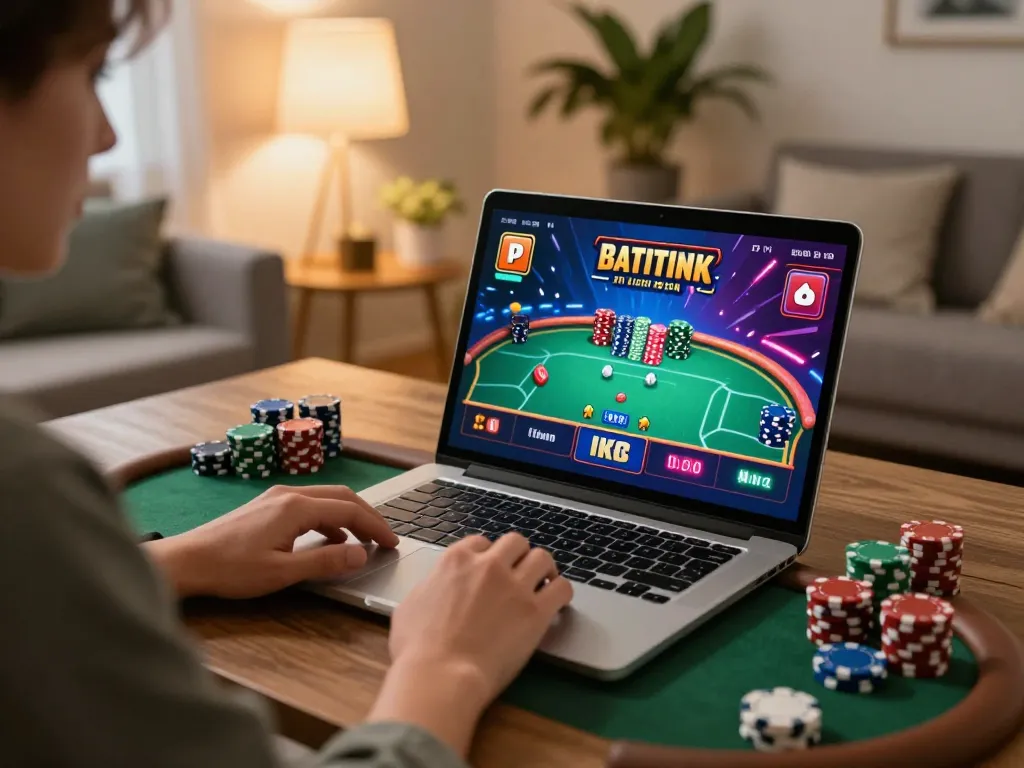 9bet player engaging in online poker game with colorful chips and warm ambiance