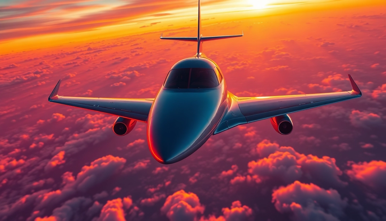 The modern aircraft flying in a vibrant sunset sky, symbolizing innovations in aviation at https://rr9935.com/.