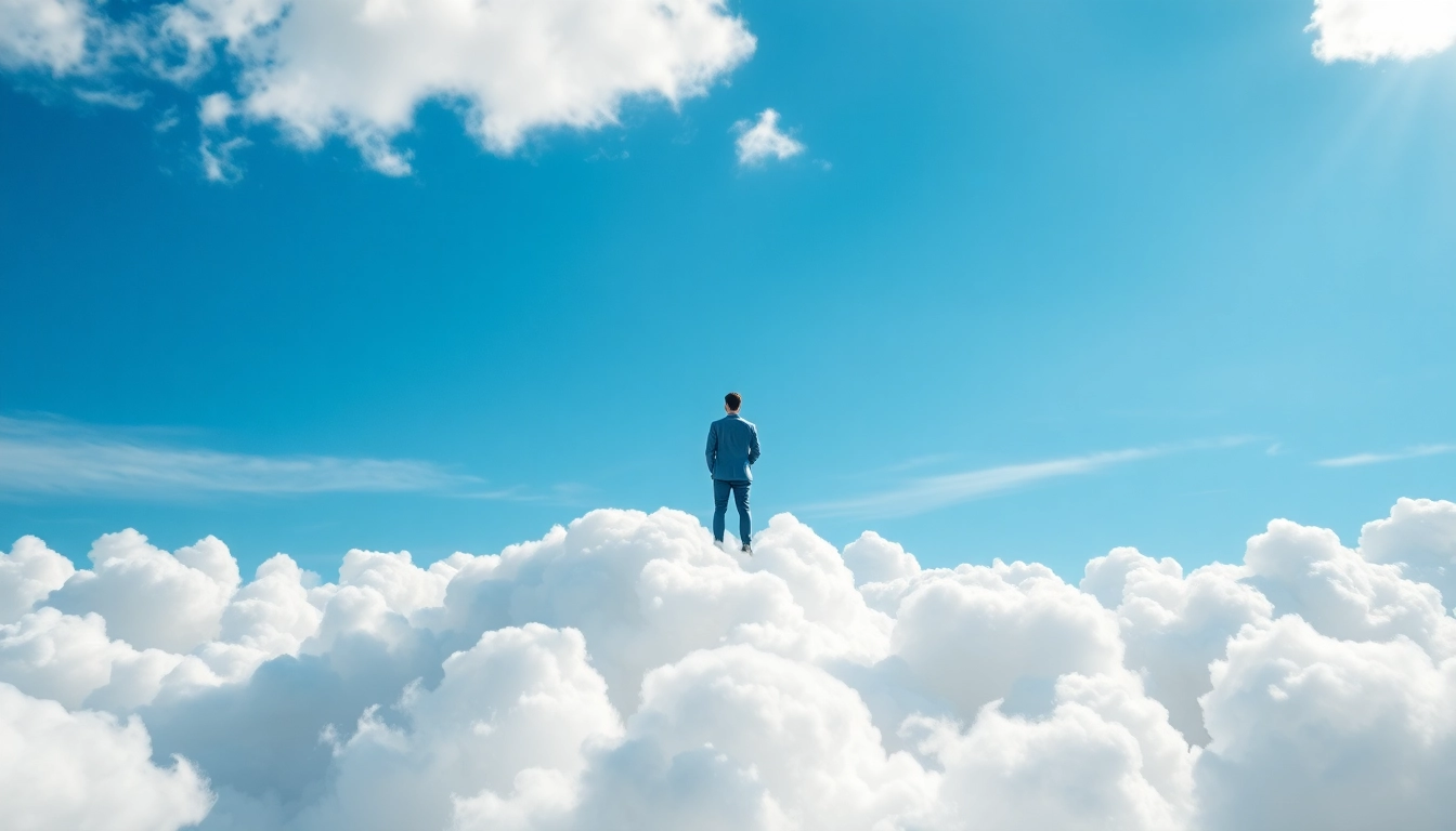 Walking on Clouds with a serene figure atop fluffy clouds in a bright sky.