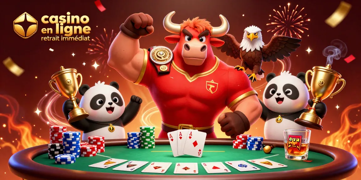 Casino en ligne retrait immédiat : Trois mascottes jubilantes dans une ambiance de casino intense.