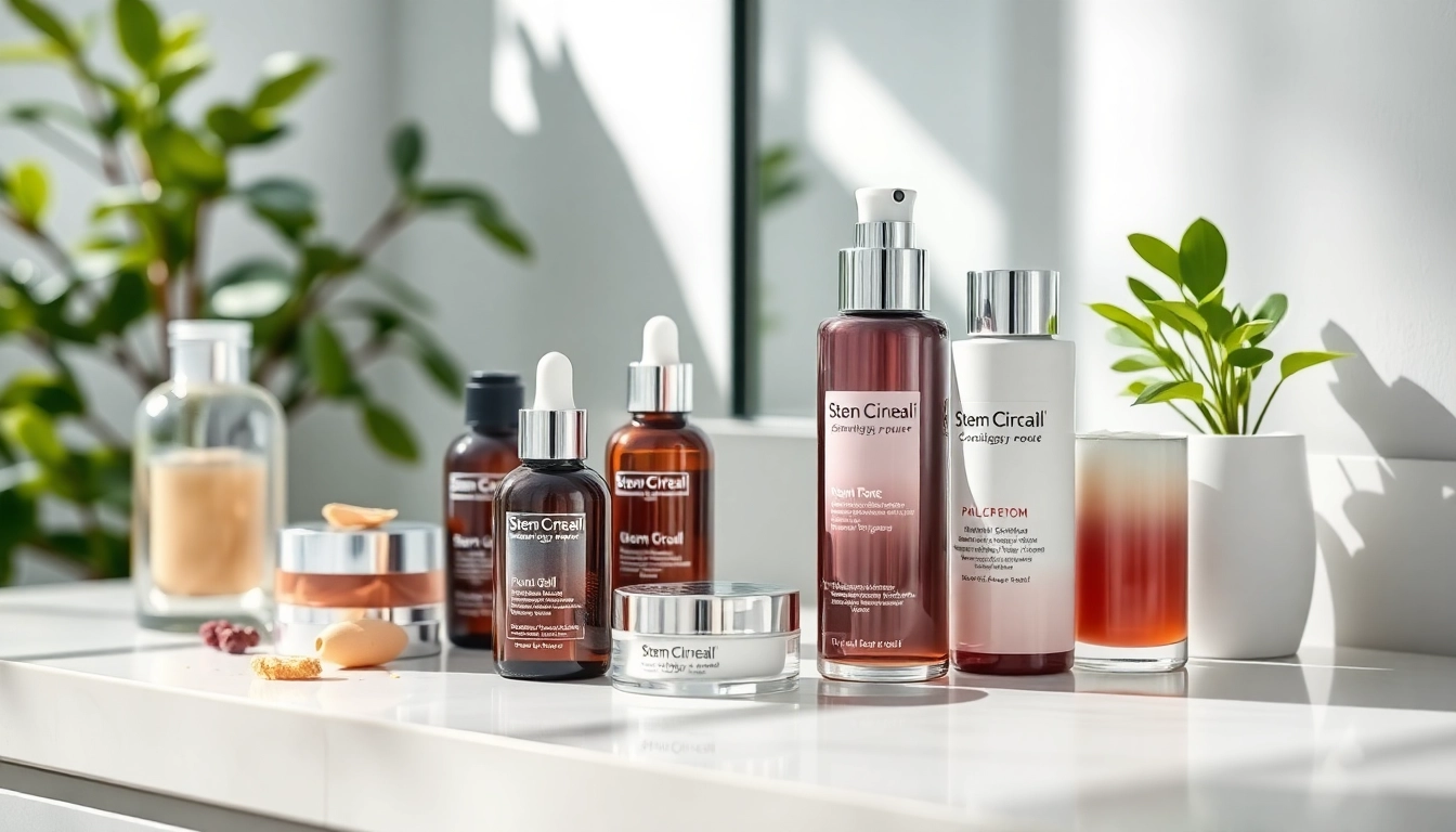 Showcasing effective stem cell skincare products arranged elegantly on a vanity, emphasizing beauty.