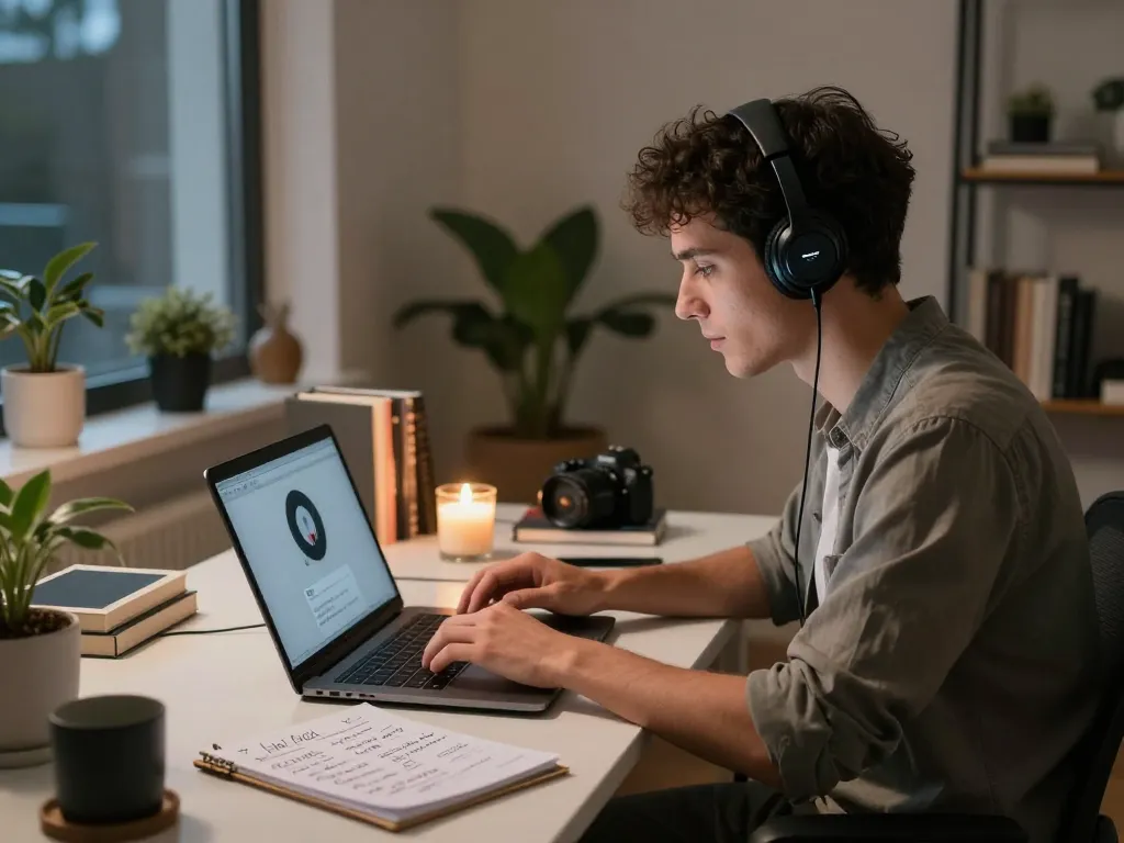 Individual exploring sex ai technology in a cozy home office, engaged with an AI chatbot.