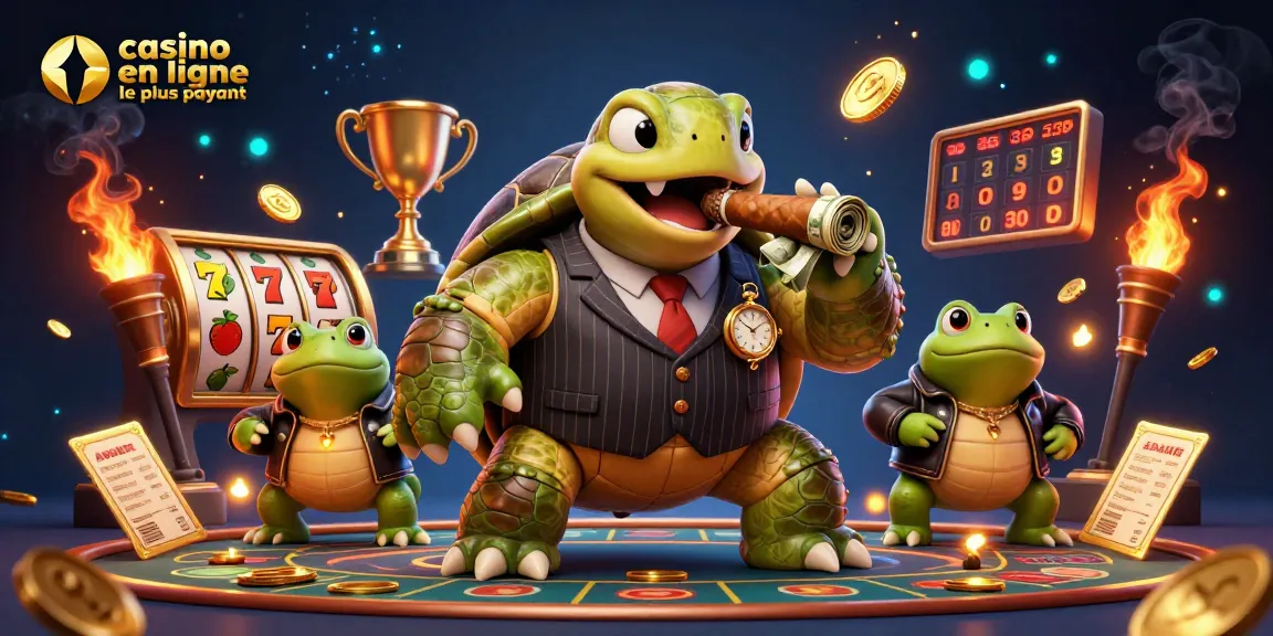 Célébrez le casino en ligne le plus payant avec une scène dynamique de tortue boss en costume.