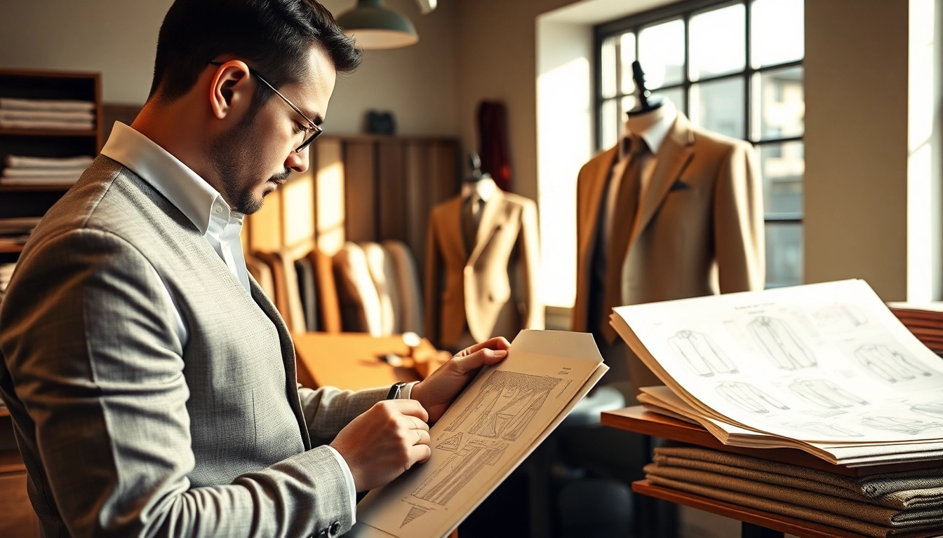 Tailor meticulously designing bespoke custom made suits, showcasing luxurious fabric choices.