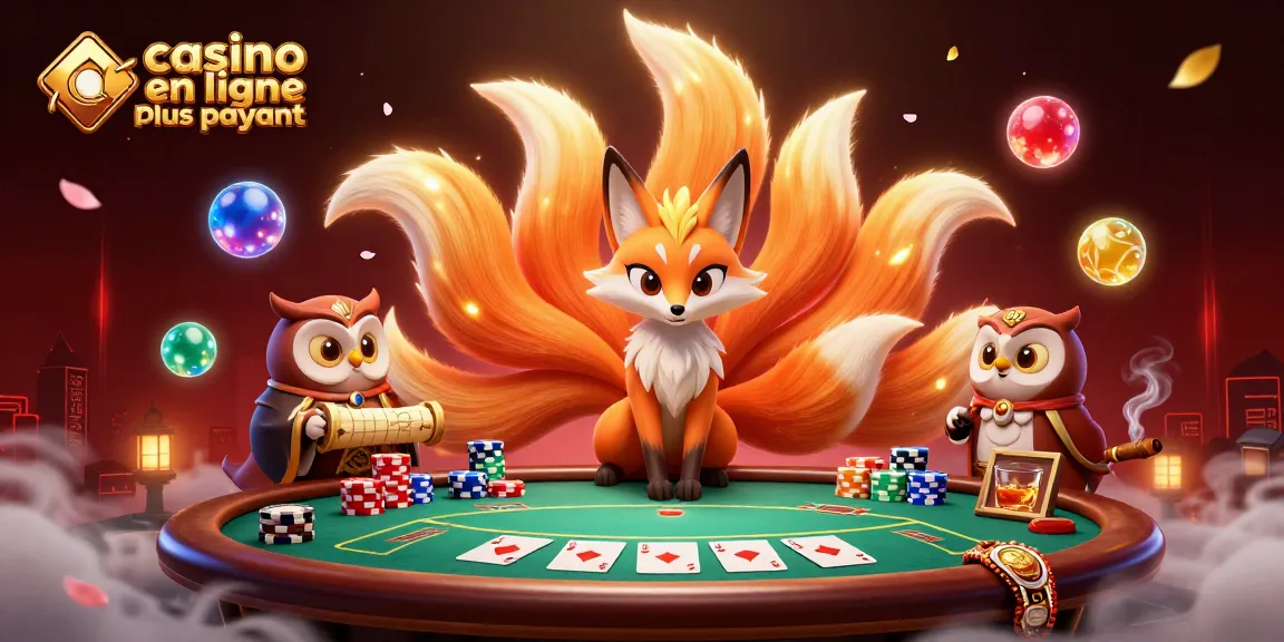 Illustration dynamique de casino en ligne le plus payant avec un renard spirituel à neuf queues et une chouette sage.