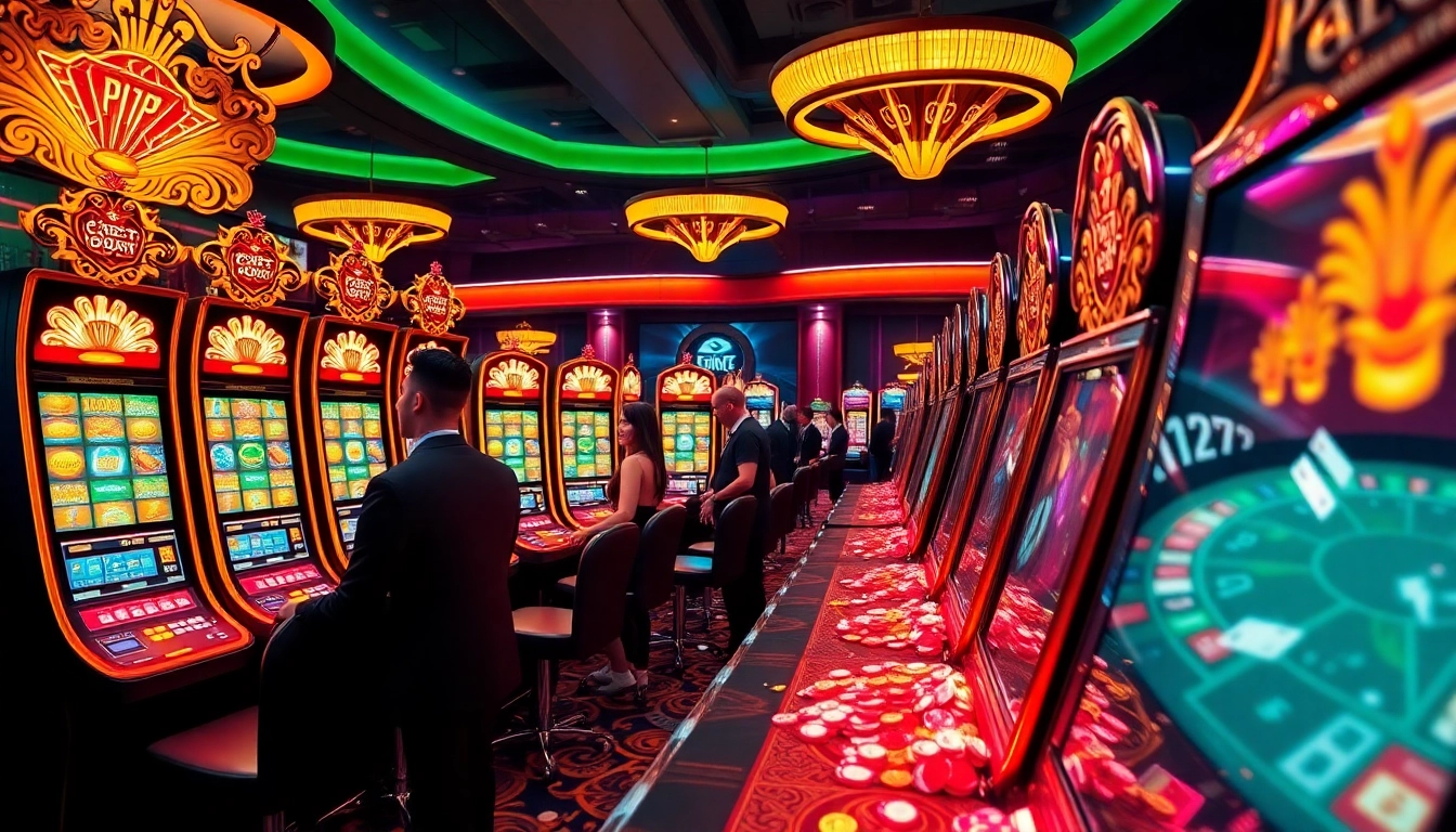 Experience the thrill of slot pulsa gaming with vibrant machines and excited players.