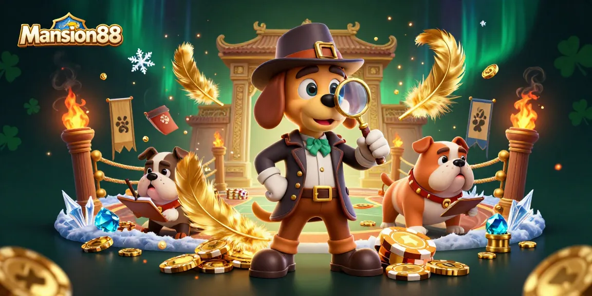 Immerse yourself in the vibrant world of Mansion88 with a whimsical illustration of a detective discovering treasures.