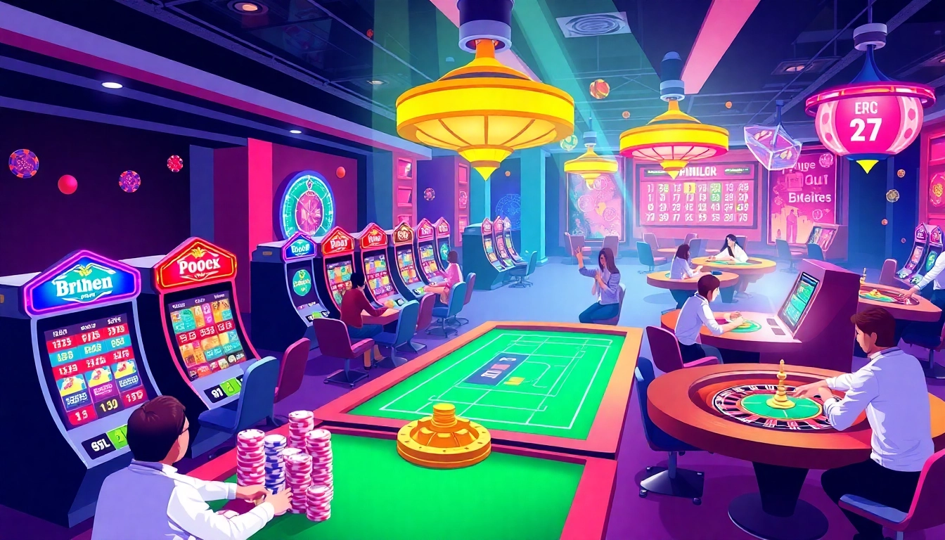 KJC AC 1 logo with players enjoying slots and table games in a lively online casino.