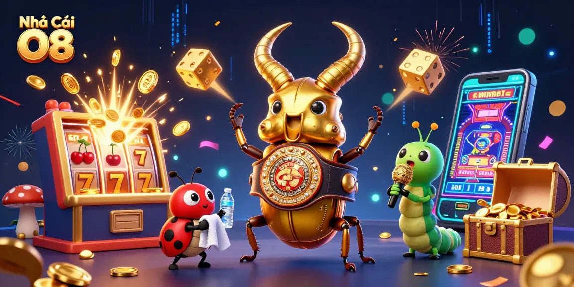 Experience thrilling entertainment at Nhà Cái O8 with slot machines, vibrant gaming action, and engaging characters.