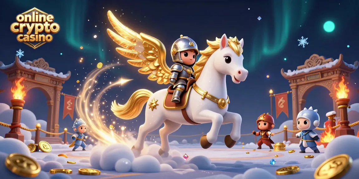 Scopri il mondo avvincente dell'online crypto casino con un cavallo celestiale e un cavaliere armato in azione.