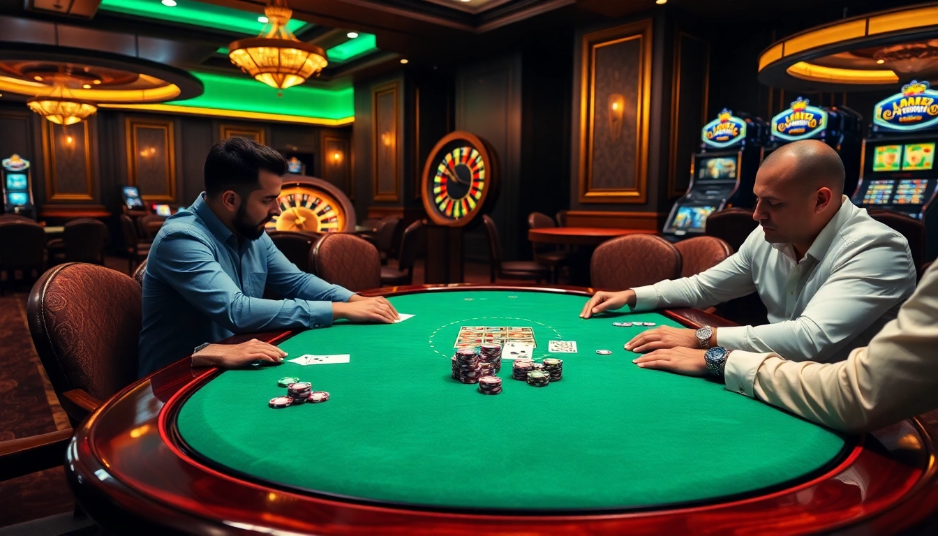 UU88 poker players strategizing during a high-stakes game in a luxurious casino.