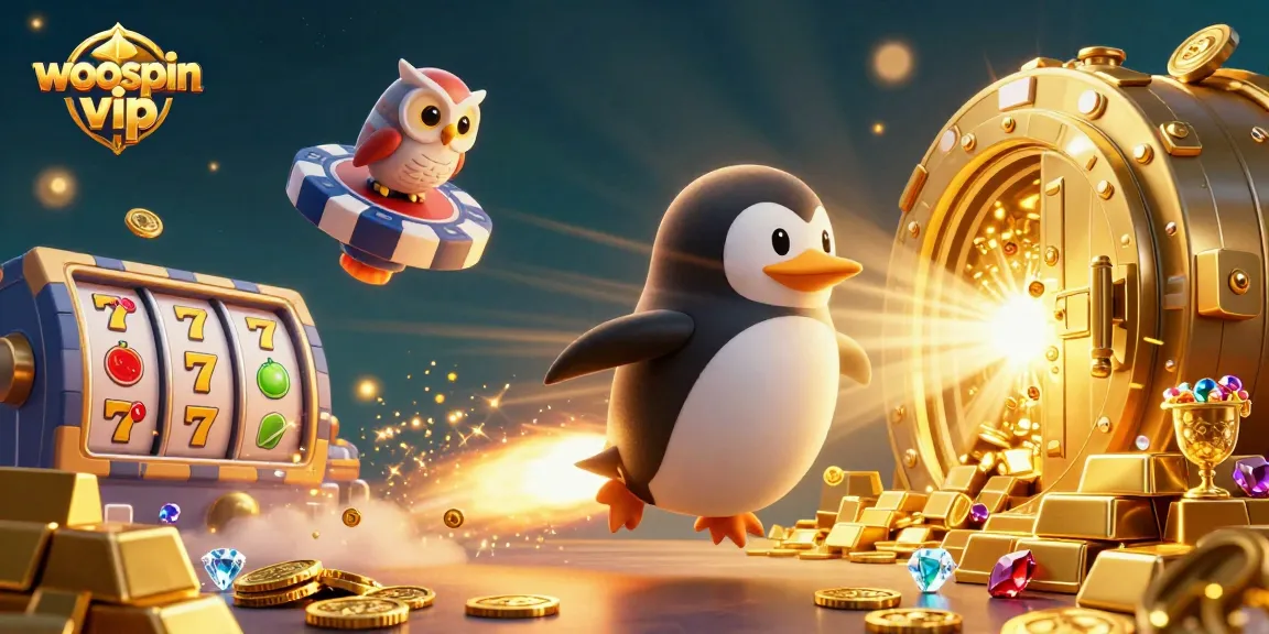 Win big at woospin vip with the golden penguin’s treasure-filled adventure in this vibrant casino scene.