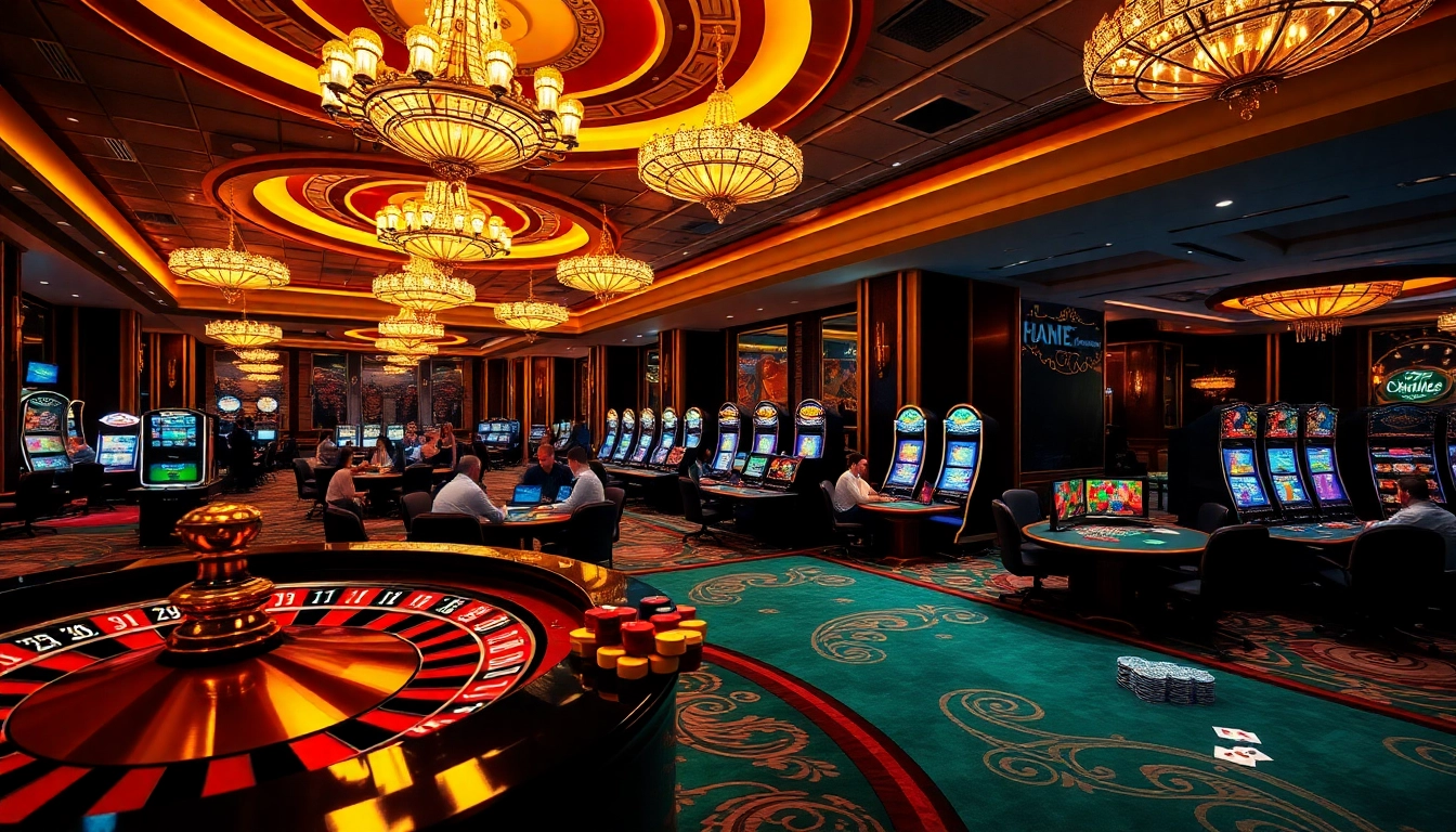 Engaging gaming scene at ww88 casino with roulette, poker, and slot machines.