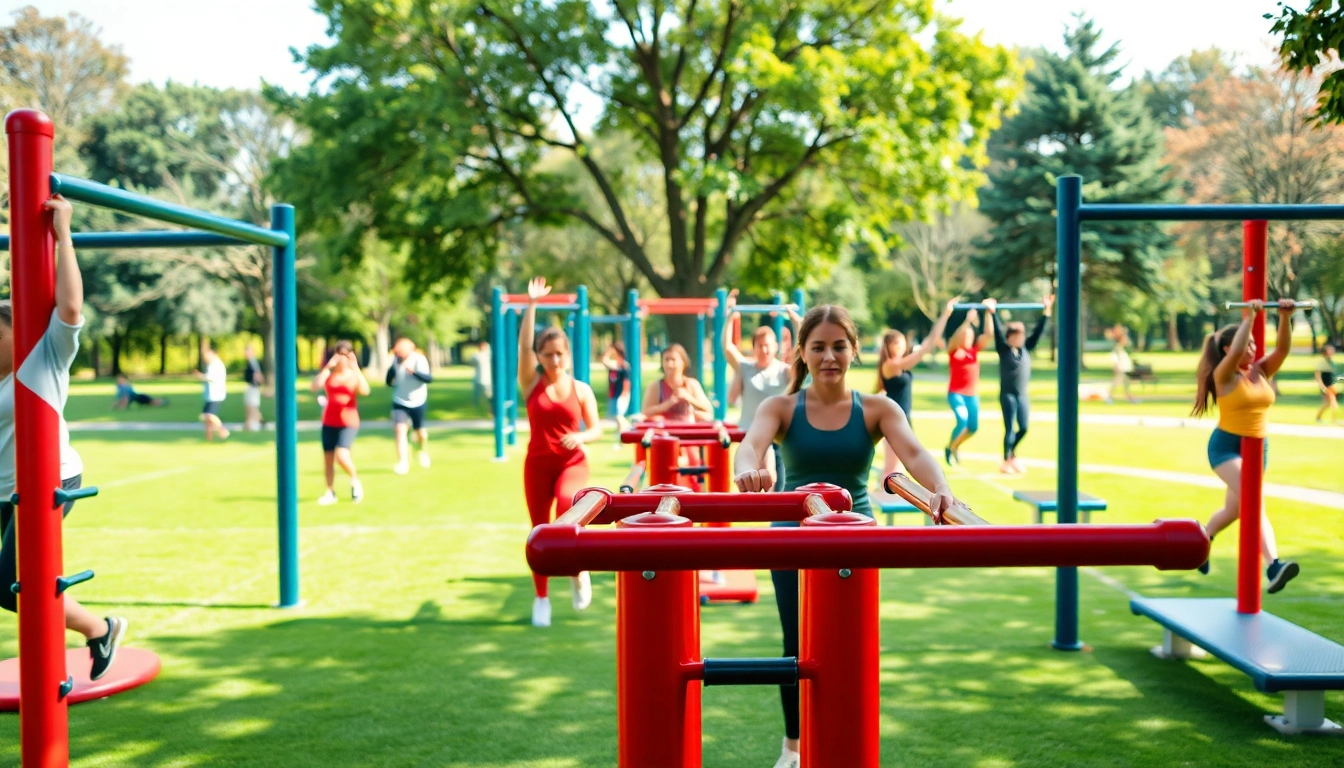 Individuals using outdoor gym equipment in a park, promoting fitness and wellness.