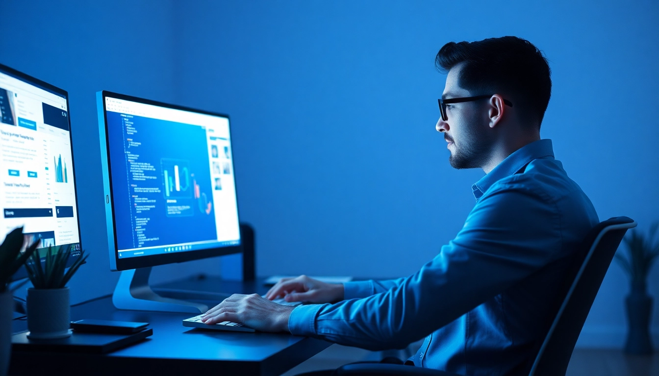 Desenvolvimento de Sites: Profissional trabalhando em ambiente digital otimizado, focando em inovação.