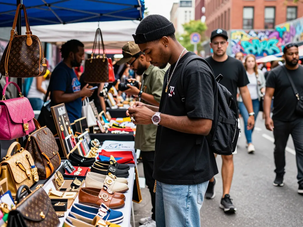 Trendy individual showcasing 레플리카 fashion accessories in a vibrant urban market.