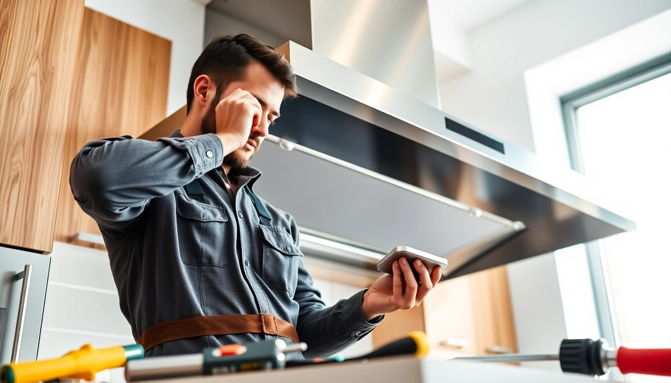 Performing Range Hood Repair in a modern kitchen to fix malfunctioning components.