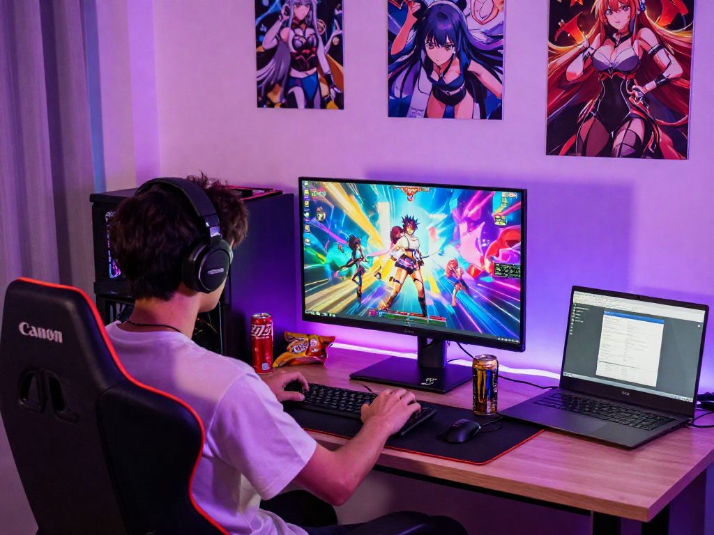 Immerse in the vibrant scene of a gamer enjoying a hentai game with colorful animations and dynamic visuals.