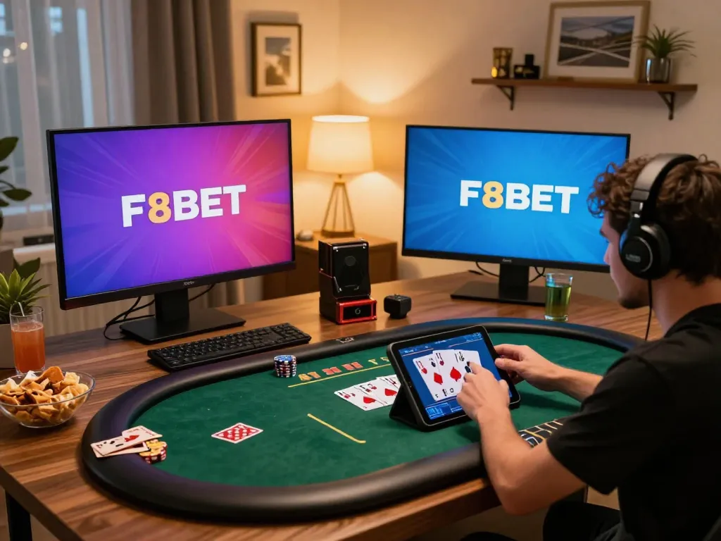 F8BET player enjoys online gambling on tablet during a cozy home gaming session.