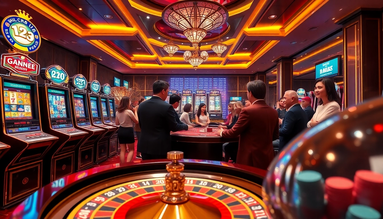 Nổ Hũ Đổi Thưởng players engaging in a bustling casino atmosphere filled with slot machines and poker chips.
