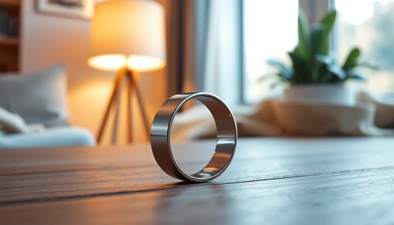 Discover the sleek design of ringconn ph smart ring on a cozy wooden surface, highlighting its metallic features.