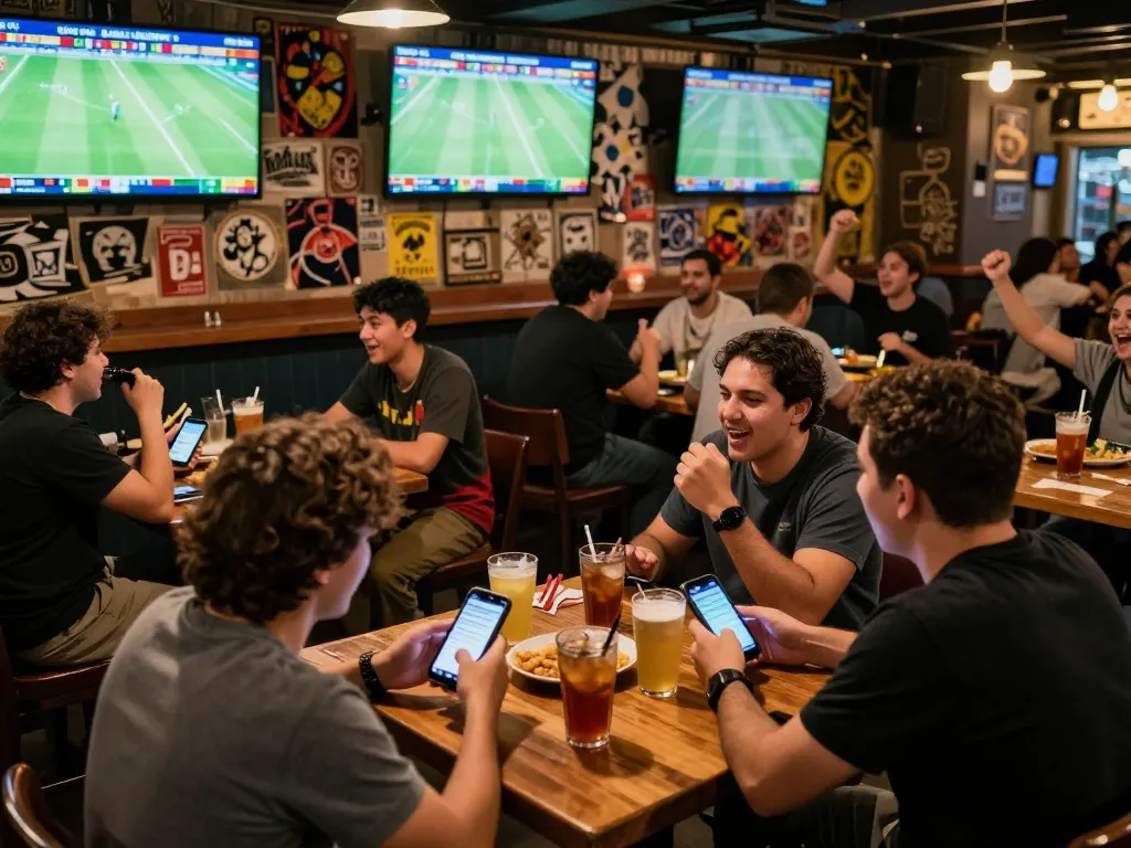 Fans enjoying bóng đá lu while placing live bets at a vibrant sports bar during matches.