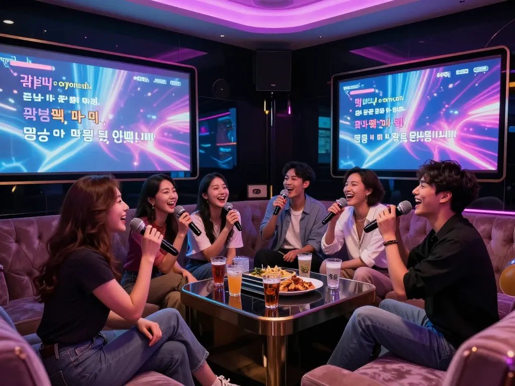 음료와 음악과 함께 강남퍼펙트 노래방에서 활기찬 밤을 즐기는 친구들 그룹.