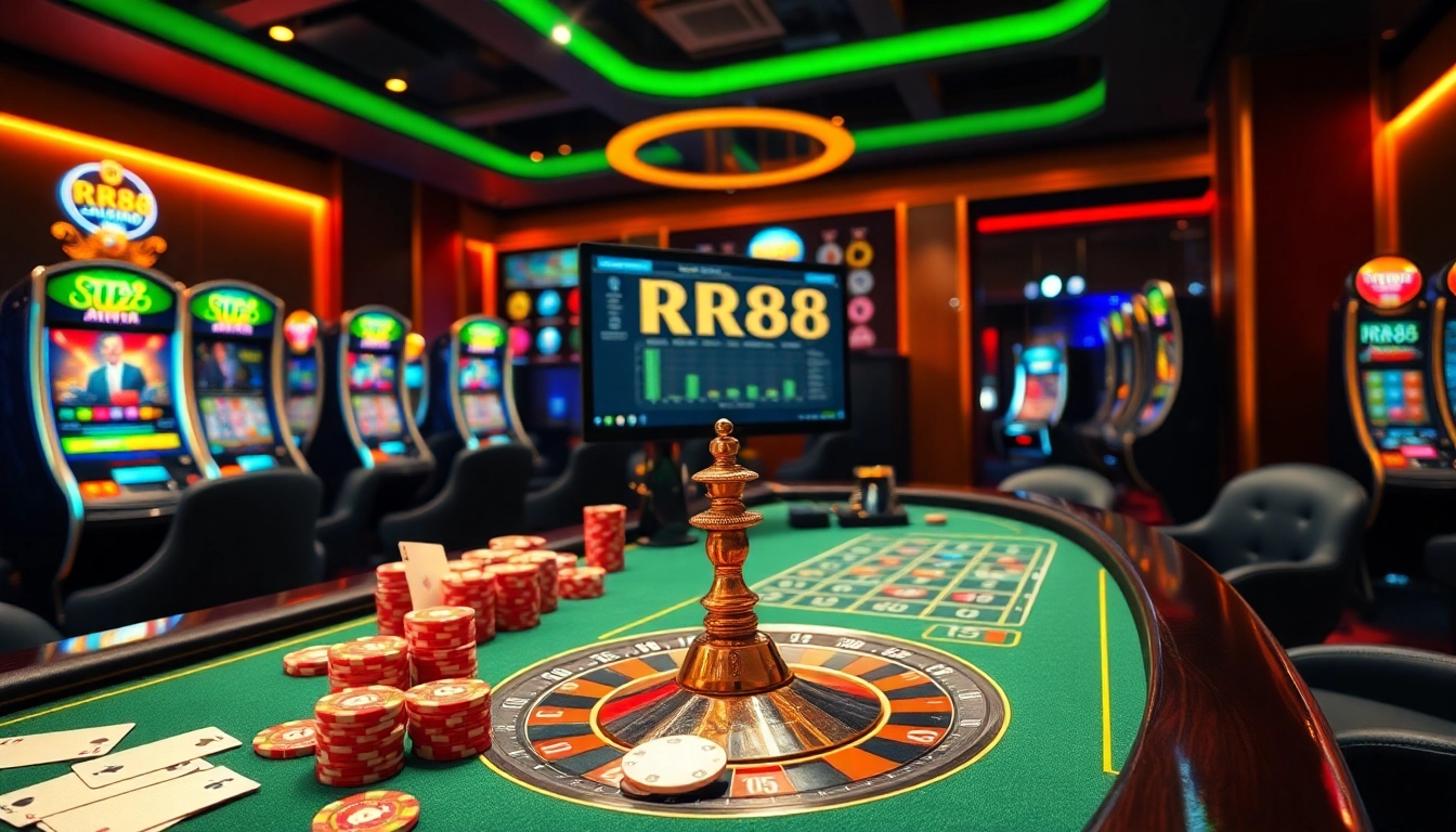Exciting scene from RR88 online casino with vibrant poker chips and betting table.
