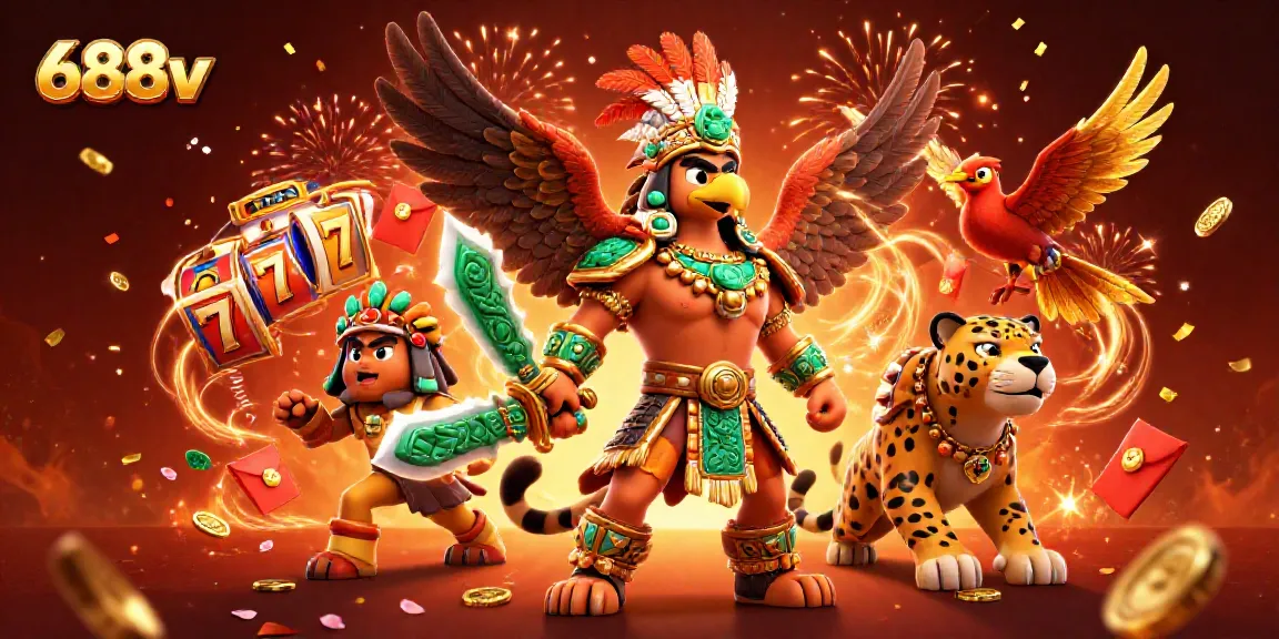 Win big with 688v as you spin slot reels amidst dynamic Aztec warriors and celebratory elements.