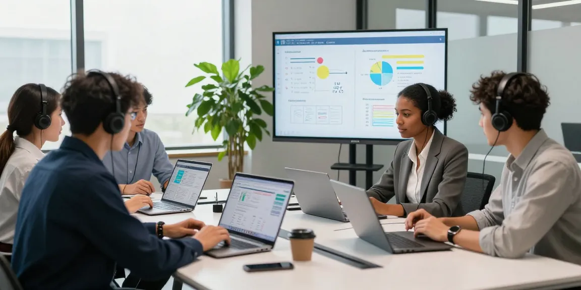 IT support small business team collaborating in modern office setting.