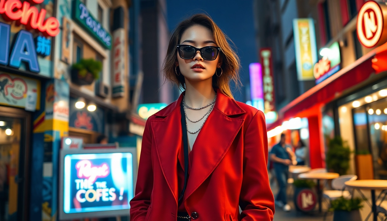 Fashion model showcasing vibrant clothing in an urban setting, exuding confidence and style.