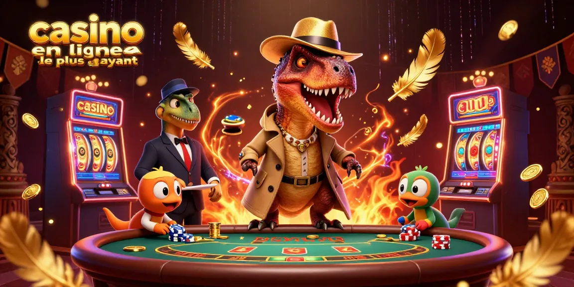 Visuel dynamique représentant un casino en ligne le plus payant avec un vélociraptor comptant les cartes.