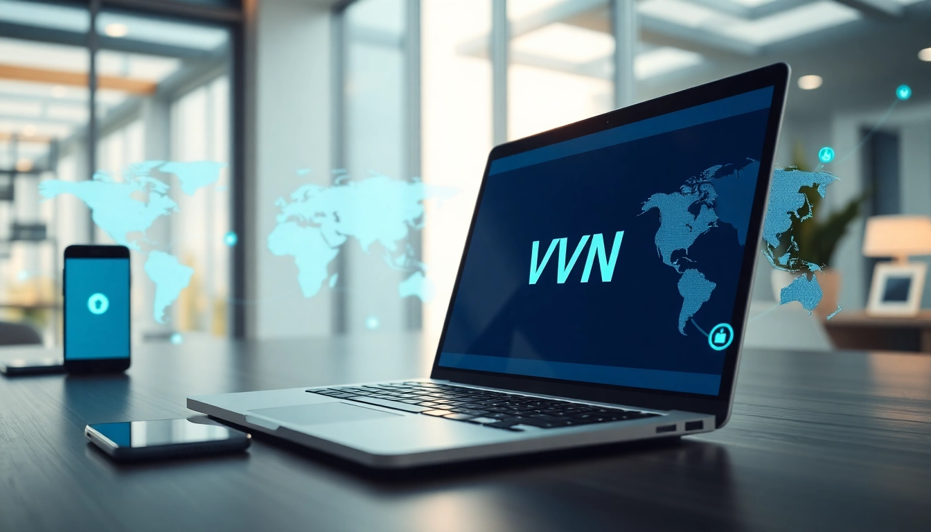 快连vpn下载 interface on a laptop showcasing global connectivity in a modern workspace.