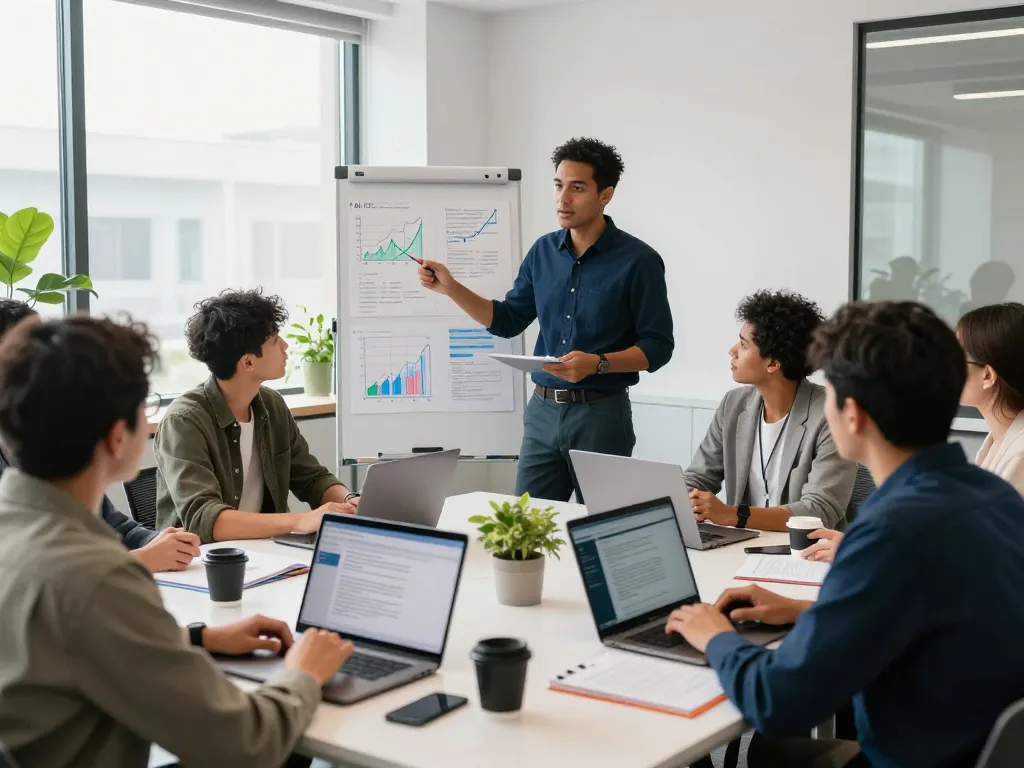Professionals discussing AI Climate Claims Overhyped in a modern workspace, highlighting tech innovation.